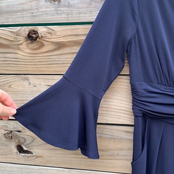 Eliza J Dress Navy Sheath Pleated Ruched Waist and Flounce Sleeve Size 6 - Picture 5 of 10
